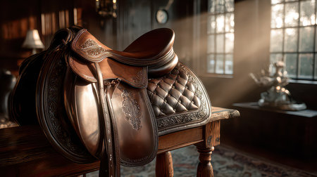 A beautifully crafted leather saddle rests elegantly on a wooden table, illuminated by soft beams of sunlight, creating a warm and inviting atmosphere.の素材