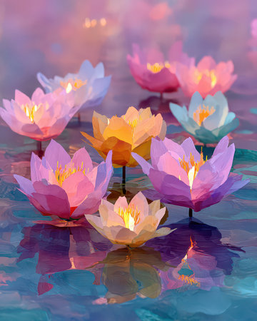 Beautiful colorful lotus flowers bloom in a tranquil pond, casting their reflections on the calm water surface at dusk, creating a serene and meditative atmosphere.の素材