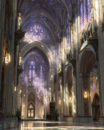 Explore the stunning interior of a gothic cathedral, featuring intricate architecture and colorful stained glass that create a serene atmosphere of spirituality and beauty.の素材