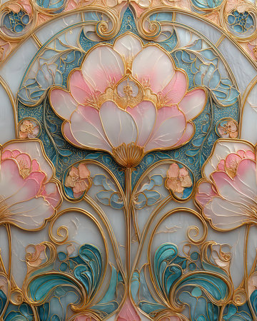 This elegant artwork showcases a stunning floral design with intricate gold and pastel details, perfect for enhancing any space with a touch of luxury and creativity.の素材