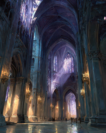 A stunning interior view of a gothic cathedral showcasing intricate architecture, beautiful stained glass, and dramatic lighting, evoking a sense of awe and spirituality.の素材