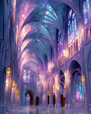 Experience the enchanting beauty of a gothic cathedral interior featuring stunning stained glass windows, creating an ethereal ambiance filled with color and light.の素材