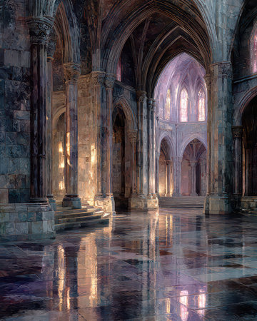 Captivating gothic architecture features intricate arches and colorful light streaming through stained glass. A serene atmosphere invites exploration and reflection.の素材