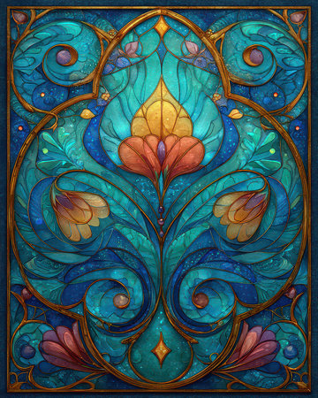 This colorful stained glass artwork features vibrant floral imagery with intricate swirls and patterns, perfect for enhancing spaces with elegance and creativity.の素材