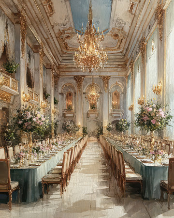 A stunning ballroom featuring elegant table settings, exquisite floral arrangements, and a breathtaking chandelier, perfect for grand celebrations and stylish events.の素材