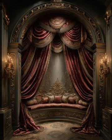 This stunning interior showcases luxurious drapes and ornate decor elements, creating an elegant atmosphere ideal for sophisticated settings and design inspirations.の素材