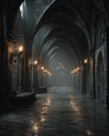 Explore a mystical gothic corridor featuring arched ceilings, flickering candlelight, and an enchanting atmosphere. A perfect setting for mystery.の素材