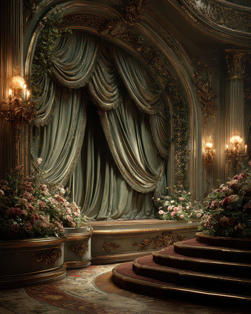 An elegant theater stage featuring rich drapes, soft lighting, and beautiful floral arrangements. This luxurious setting is perfect for performances, events, or artistic displays.の素材