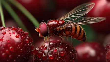 A stunning macro photograph capturing a fly perched on juicy cherries, showcasing intricate details of its wings and vibrant colors. Ideal for nature lovers.の素材