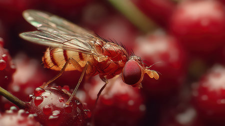 Captivating macro shot of a fruit fly perched on vibrant red berries, adorned with water droplets. Perfect for nature and entomology themes.の素材