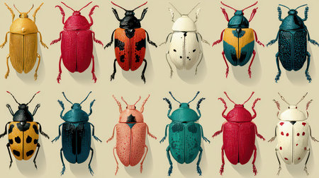 A vibrant array of colorful beetles on a neutral background, showcasing the diversity and intricate designs in insect morphology ideal for educational or artistic purposes.の素材