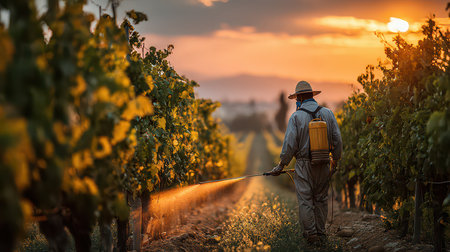 A farmer carefully sprays pesticide in a vineyard during a stunning sunset. This tranquil scene captures the essence of rural agriculture and crop care.の素材