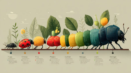 Whimsical and colorful illustration showcasing the lifecycle of a caterpillar with vibrant leaves and insects, perfect for educational materials and nature-themed projects.の素材