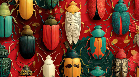 Explore a stunning array of colorful beetles showcased on a vivid red background. This unique illustration captures intricate details and vibrant hues.の素材