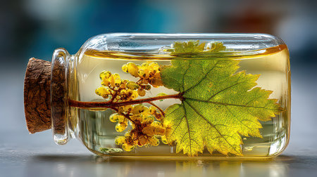 A captivating glass bottle filled with natural oil and vibrant green leaves, showcasing the beauty of organic elements in a serene and artistic way.の素材