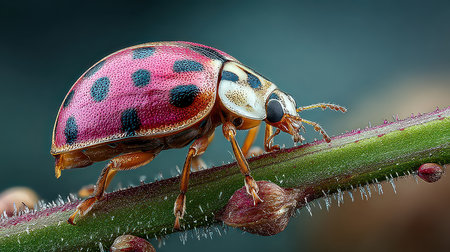 A stunning close-up of a vibrant pink ladybug with black spots crawling on a green stem. The image captures intricate details and the beauty of nature.の素材