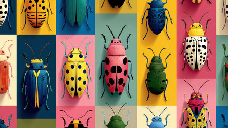 This vibrant collection of colorful insects showcases various beetles against striking backgrounds, perfect for creative projects, design inspiration, or decor.の素材