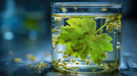 This stunning image displays bees interacting with a green leaf submerged in water inside a glass jar, capturing the essence of nature and life.の素材
