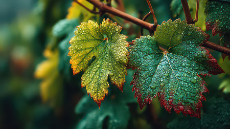 This close-up captures vibrant green and yellow grape leaves adorned with glistening water droplets. The natural moisture highlights the beauty of these organic elements.の素材