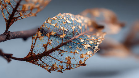 Captivating macro image of a dried skeleton leaf showcasing intricate details and textures. The soft gray background enhances the rich browns, emphasizing natureの素材
