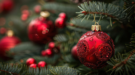 A stunning close-up image of a red Christmas ornament hanging on evergreen branches, capturing the festive spirit with rich textures and vivid colors.の素材