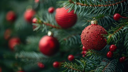 Close-up view of vibrant red ornaments adorning lush green pine branches. This festive image captures the essence of holiday spirit and seasonal beauty.の素材