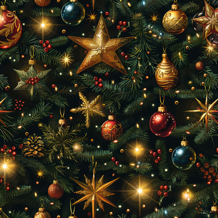 This vibrant festive background features an array of colorful ornaments and sparkling stars among lush pine branches, creating a warm holiday atmosphere perfect for seasonal designs.の素材