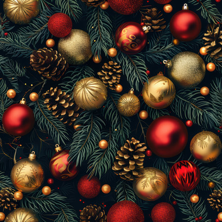 Dive into the festive spirit with this vibrant arrangement of Christmas ornaments and pine cones nestled among lush green boughs. Perfect for holiday themes.の素材