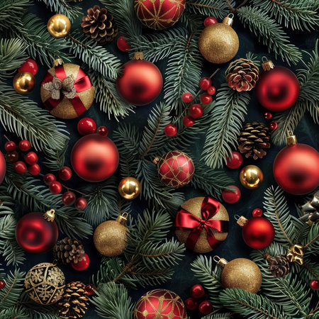 A vibrant holiday arrangement featuring red and gold ornaments, pine foliage, and seasonal berries, creating a festive atmosphere perfect for celebration.の素材