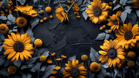 A stunning arrangement of vibrant sunflowers and yellow accents against a dark textured background, perfect for showcasing beauty and nature-themed designs.の素材