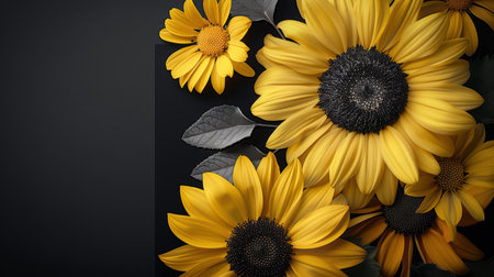 Stunning arrangement of vibrant sunflowers showcases natural beauty and warmth. The contrast against a dark background highlights the intricate details of petals and leaves.の素材