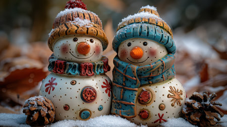 Delight in this charming scene featuring two ceramic snowmen adorned with winter hats and scarves, surrounded by a frosty wonderland, evoking holiday cheer.の素材