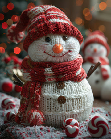 A charming snowman adorned with a bright red scarf and candy accents creates a joyful winter scene. Its playful expression and festive details capture the essence of the holiday season.の素材