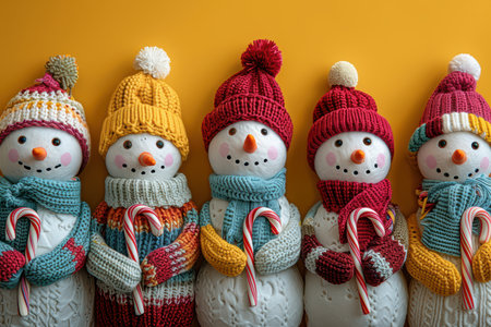A charming group of colorful snowmen with hats and scarves, each holding a candy cane, set against a vibrant background, perfect for holiday decor.の素材