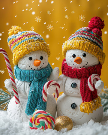Two cheerful snowmen adorned with colorful hats and scarves stand amidst a winter wonderland, surrounded by festive candy canes and sparkling snowflakes.の素材