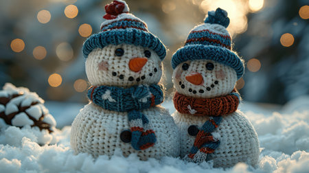 Two adorable handcrafted snowmen with colorful hats and scarves sit in a snowy landscape, radiating warmth and joy perfect for the winter season.の素材