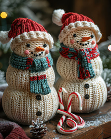 Adorable handmade snowmen in festive hats and scarves sitting beside candy canes and pine cones, creating a cozy winter decoration for the holidays.の素材
