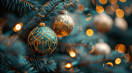 Warm and inviting Christmas ornaments adorn a lush evergreen tree, creating a festive atmosphere. The golden sparkle and dreamy bokeh lights evoke holiday cheer and joy.の素材