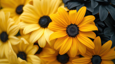 A stunning closeup of vibrant yellow flowers mixed with dark petals creates an eye-catching contrast. Perfect for themes of nature and beauty.の素材