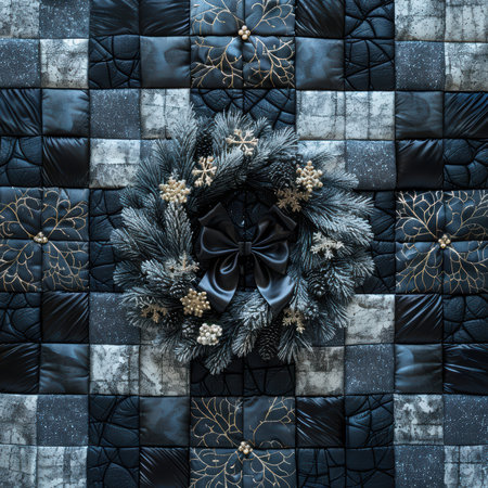 A beautifully crafted winter wreath featuring pine and berries rests against a dark, quilted background. Perfect for holiday decor and seasonal inspiration.の素材