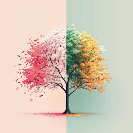 This unique illustration features a tree split across the seasons, showcasing seasonal colors and changes. It represents nature's beauty and balance.の素材