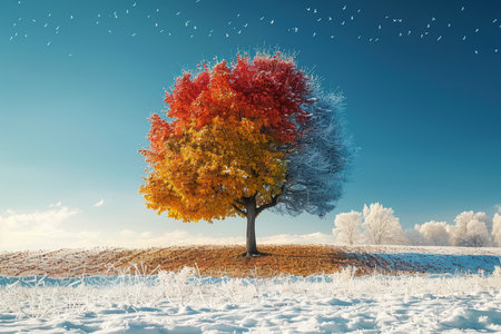 A stunning tree showcases a transition from vibrant autumn colors to winter's chill. Set against a bright blue sky, this landscape captures the beauty of changing seasons.の素材