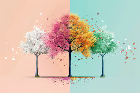 This stunning illustration features four seasonal trees, each showcasing vibrant colors and unique leaves, symbolizing the beauty of nature's cycles.の素材