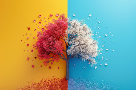 This artistic image showcases a vibrant tree split by contrasting backgrounds, symbolizing seasonal change with vivid colors and serene beauty.の素材