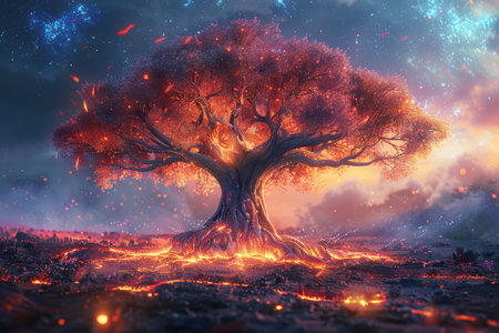 A stunning glowing tree stands majestically in a fiery landscape, illuminated under a dramatic night sky. The vibrant colors create a magical atmosphere, evoking wonder and tranquility.の素材