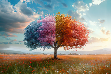 A stunning tree split between vibrant spring blooms and rich autumn foliage highlights the beauty of change in nature. A tranquil landscape awaits.の素材