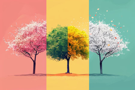 This artistic illustration depicts four seasonal trees, each representing a different season with vibrant colors, creating a captivating and harmonious visual experience.の素材