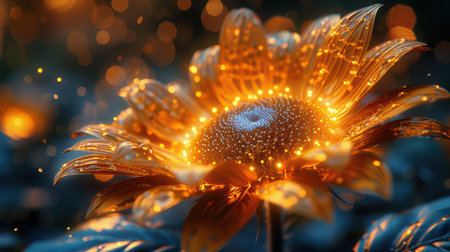 This stunning close-up image captures a glowing flower with sparkling accents, showcasing vibrant colors and intricate details in a tranquil setting. Perfect for nature-themed projects.の素材