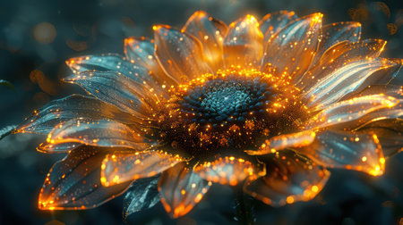 A stunning close-up of a sunflower displaying vibrant petals illuminated by soft golden particles, evoking a magical and dreamy garden atmosphere perfect for nature enthusiasts.の素材