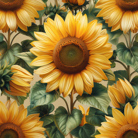 A stunning display of vibrant sunflowers showcasing their bright yellow petals and rich brown centers. Perfect for nature lovers and floral enthusiasts.の素材